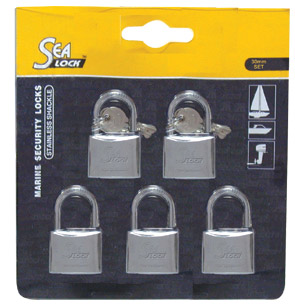 Set of 5 Padlocks,SeaLock, 30mm, w/ joint key